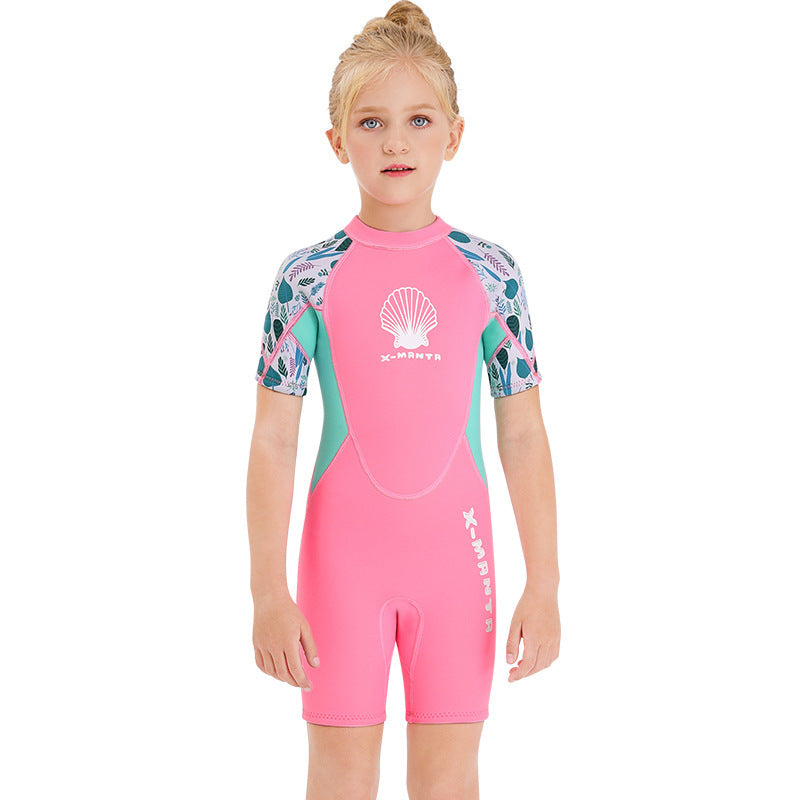 Girl One-pieces Short Sleeve Sunscreen Swimwear