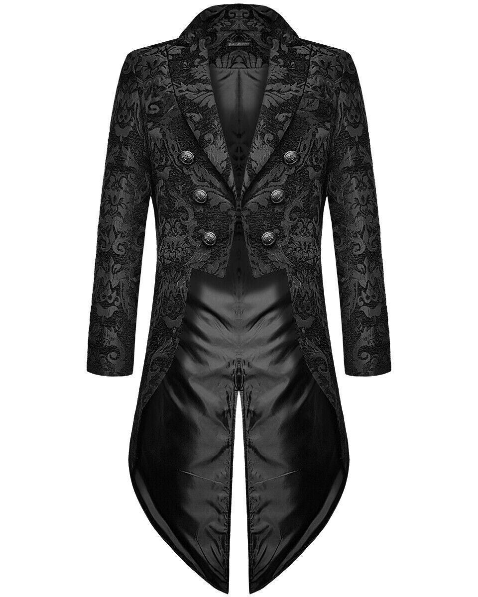 Fashion Men's Gothic Steampunk Tail Jacket Black Brocade Brocade Wedding Coat