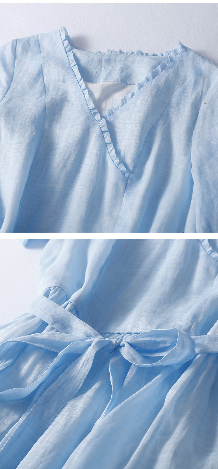 Cotton Linen Thin Lace Vintage Art Belt V-Neck Skirt