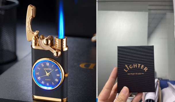 New Lighter With Electric Watch Rocker Arm Automatic Ignition Straight Blue Flame Lighter Creative Real Dial Inflatable Windproof Lighter Men's Watch Gift