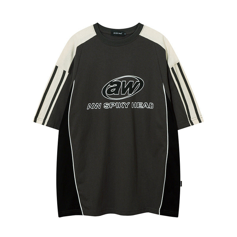 American Street Retro Alphabet Stitching School Style Round Neck T-shirt