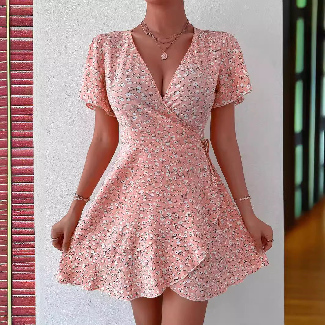 Floral Tie-neck Waist Trimming Short-sleeved V-neck Women's Clothing Dress
