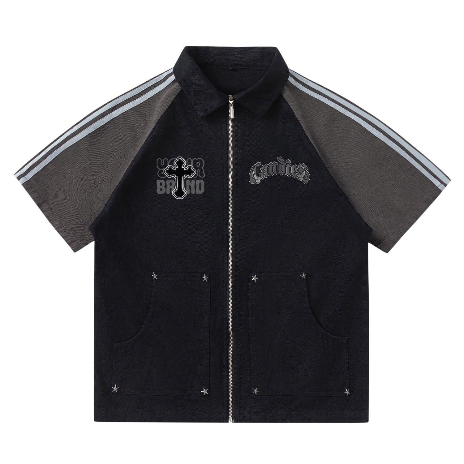 American Retro Embroidery Bars Stitching Raglan Short Sleeve Jacket Men