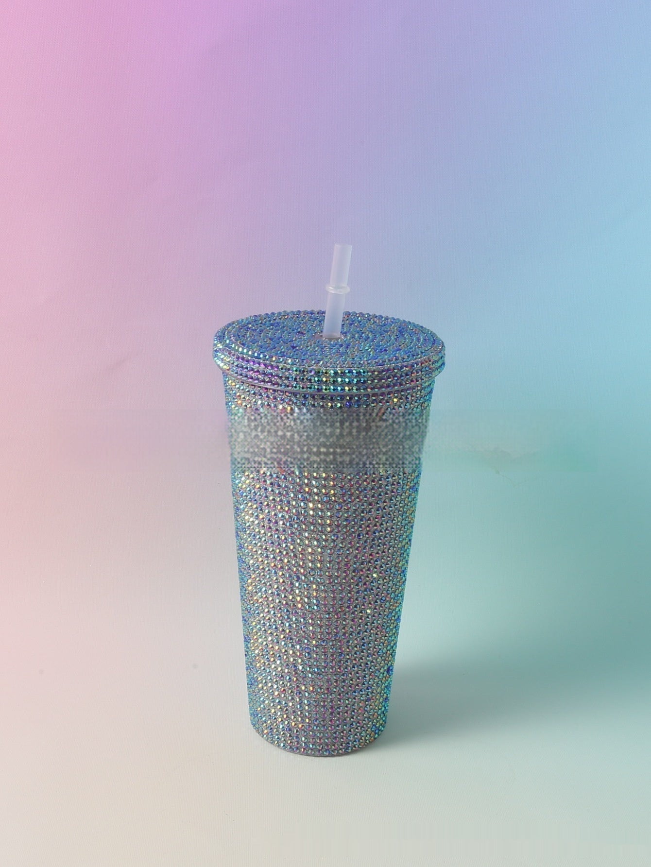 Stick-on Crystals Double-layer Large Capacity Cup With Straw