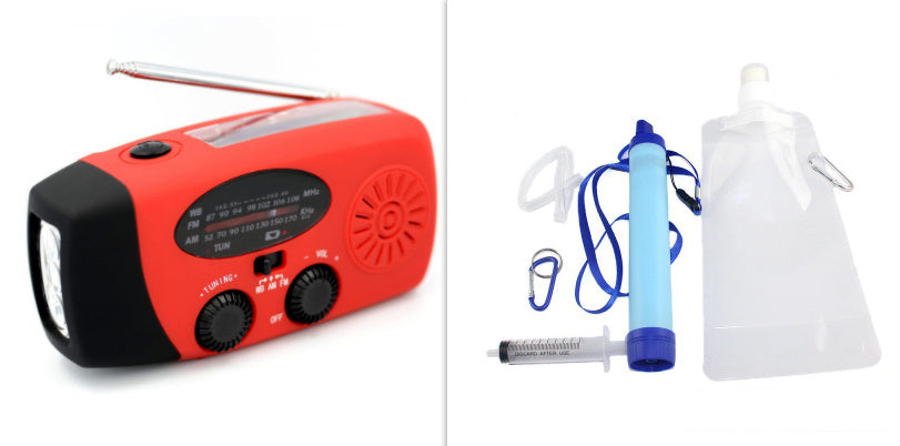 Solar energy hand-held emergency radio flashlight