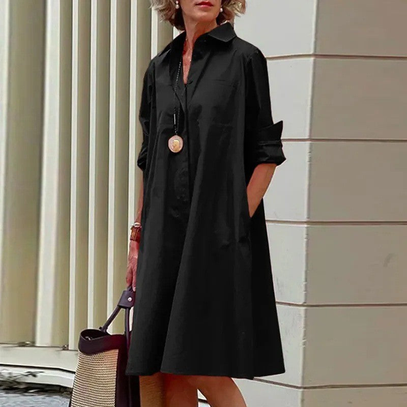 New Long Shirt Solid Color Temperament Commute Simple Lapel Cardigan Dress