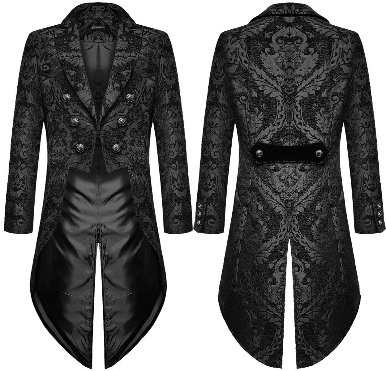 Fashion Men's Gothic Steampunk Tail Jacket Black Brocade Brocade Wedding Coat