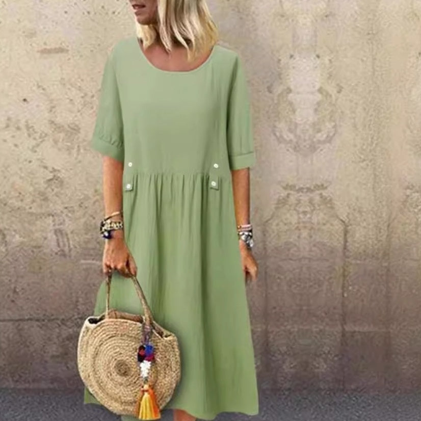 Plus Size Casual Round Neck Shirt With Half Sleeve Button Dress Women
