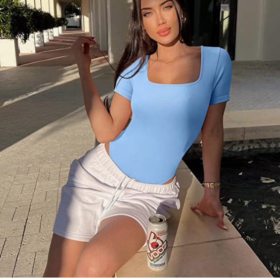 Sunken Stripe Square Collar Short Sleeve Tight Jumpsuit