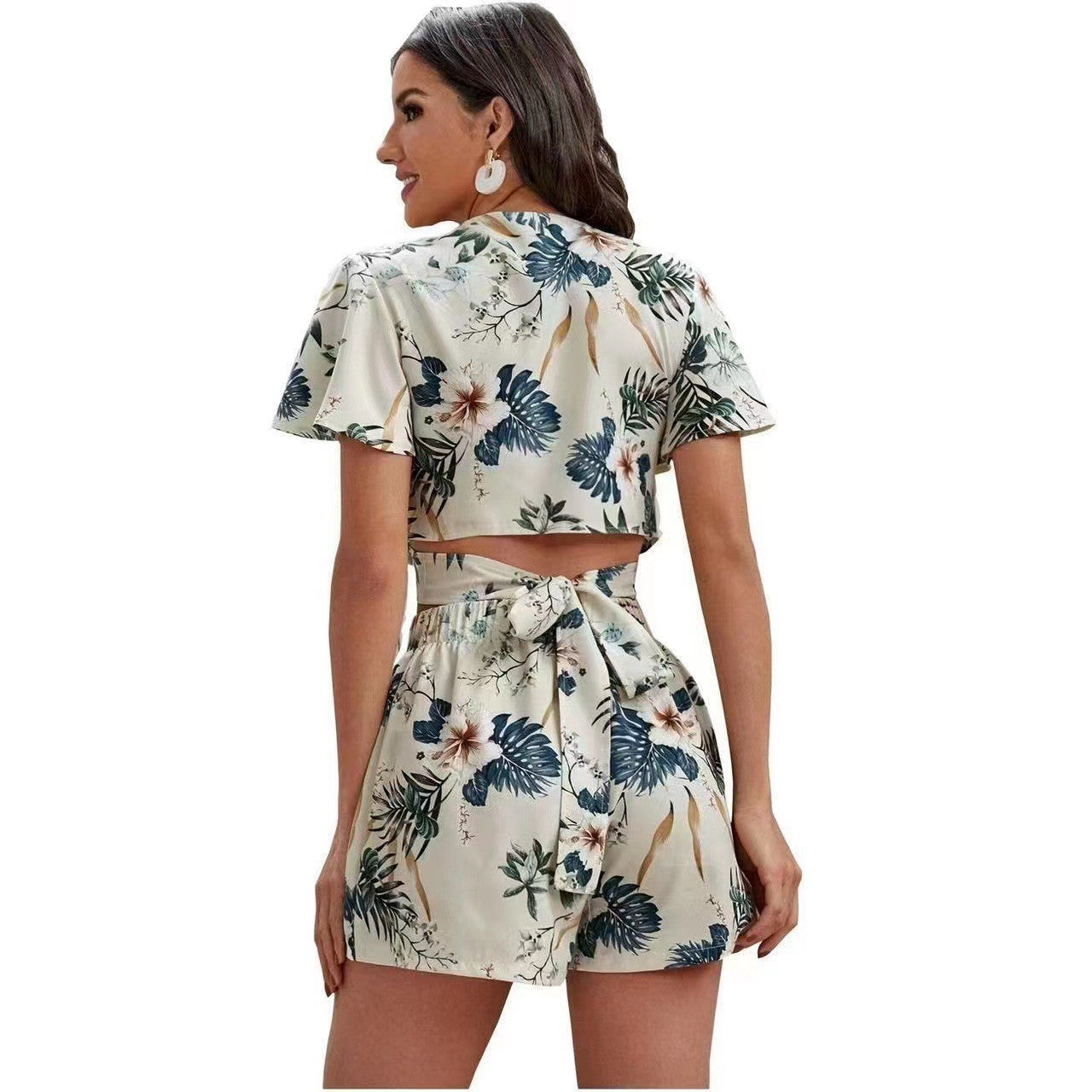 Printed Short-sleeved Shorts Lace-up Midriff Outfit