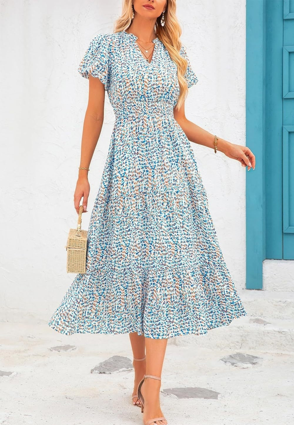 Women's V-neck Bubble Pleated Print Short Sleeve Dress