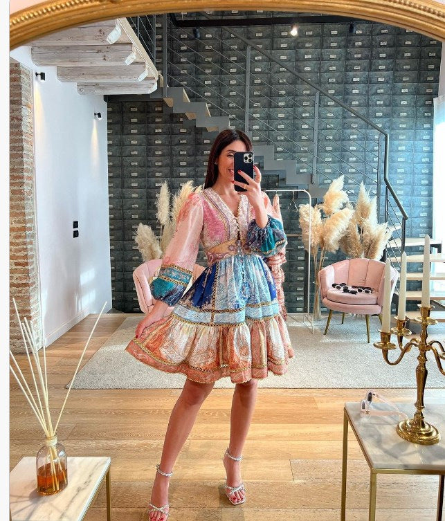 Women's Ethnic Print V Neck Patchwork Dress