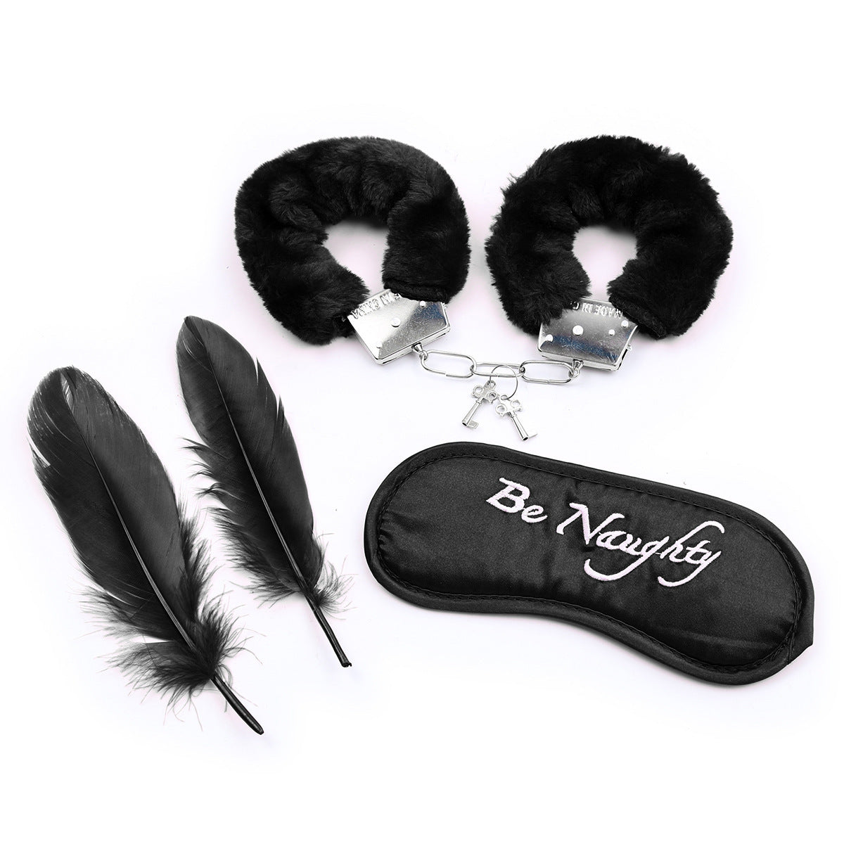 Black Red Furry Handcuffs With Eye Mask Feather Three-piece Toy
