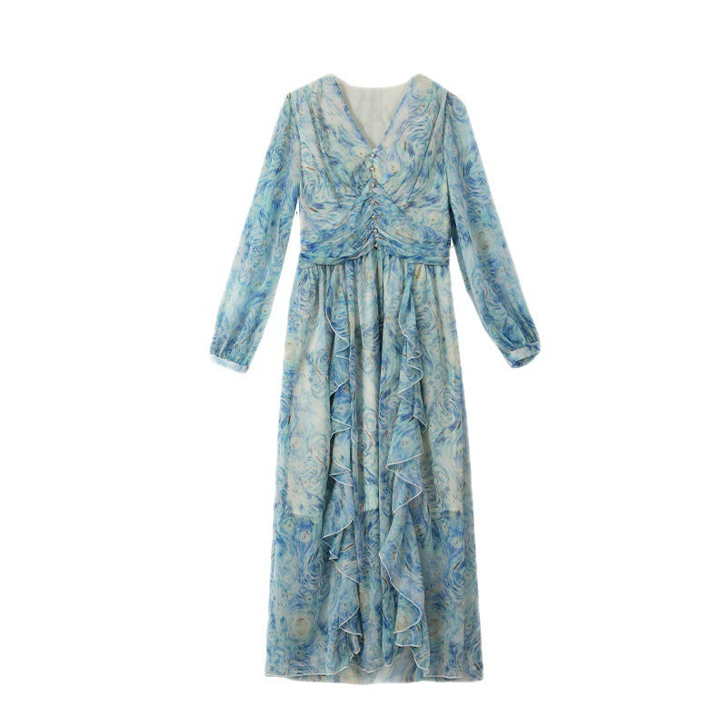 Printed Long Dress Star Yarn Chiffon Ruffled Swing Dress
