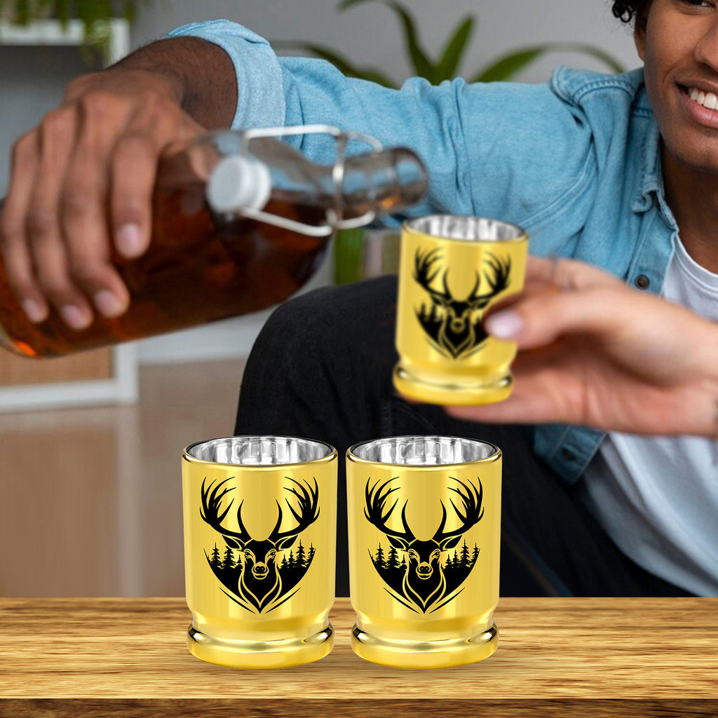 2pcs  50 Caliber Deer Head Golden Plastic Wine Glasses With Gift Box - Leak Proof, Reusable - Stylish Animal Print Design, Suitable For Whiskey, Tequila, Etc