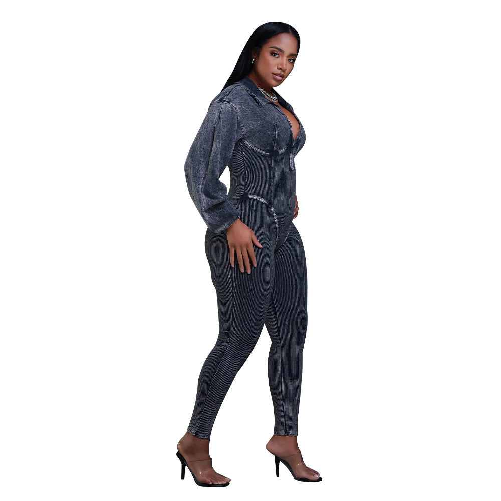 Women's Clothing V-neck Gigot Sleeve Tight Stitching Jumpsuit