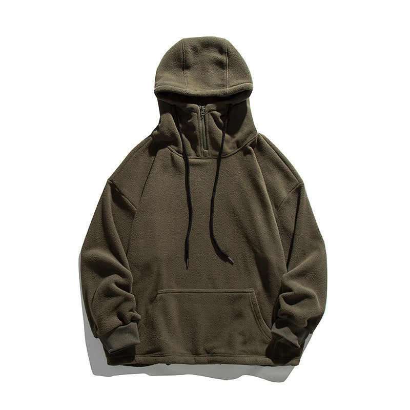 Solid Color Polar Fleece Hooded Sweater Retro Stitching Embroidery Hoodie