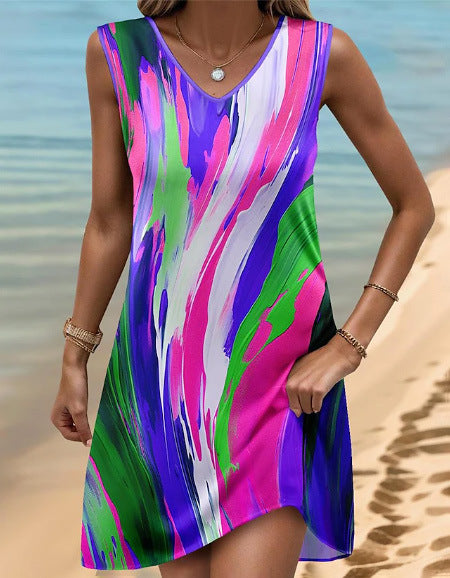 Women's Printed Sleeveless V-neck Vest Skirt Fashion