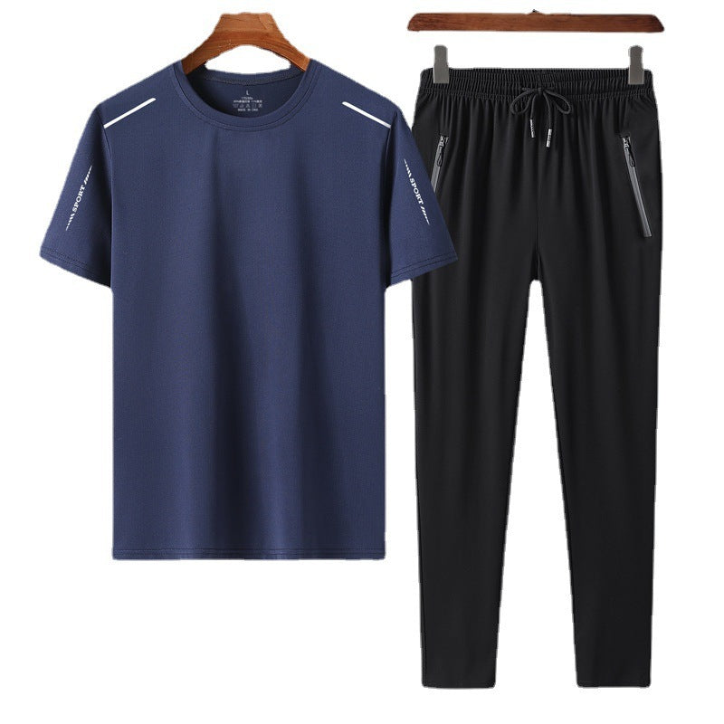 Summer Men's Ice Silk Quick-drying T-shirt And Trousers Two-piece Suit