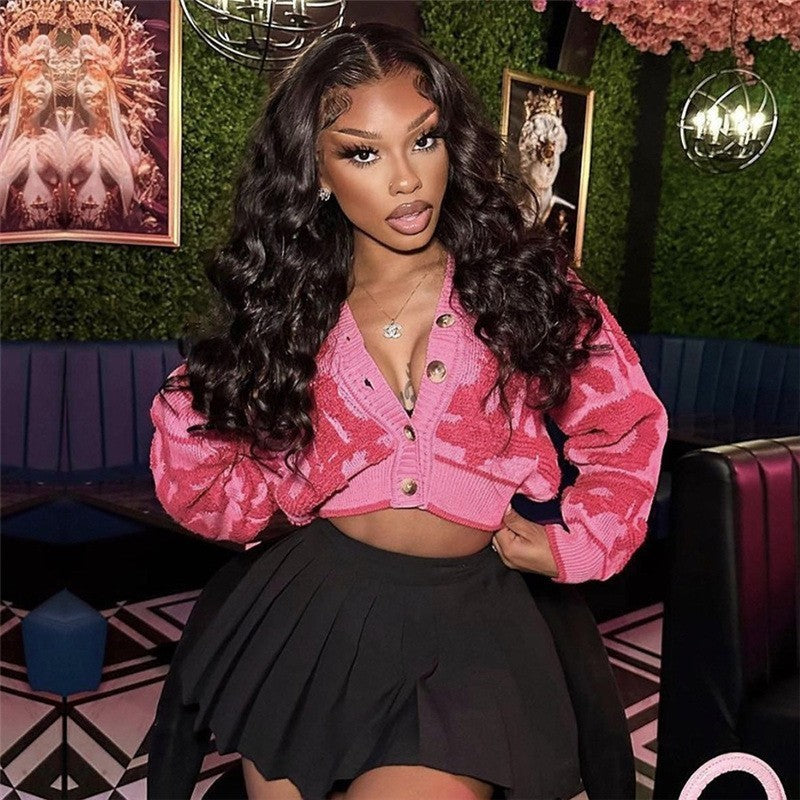 Fall Fashion Sweet Color-block V Neck Buckle High Waist Slim-fit Knitted Top Women