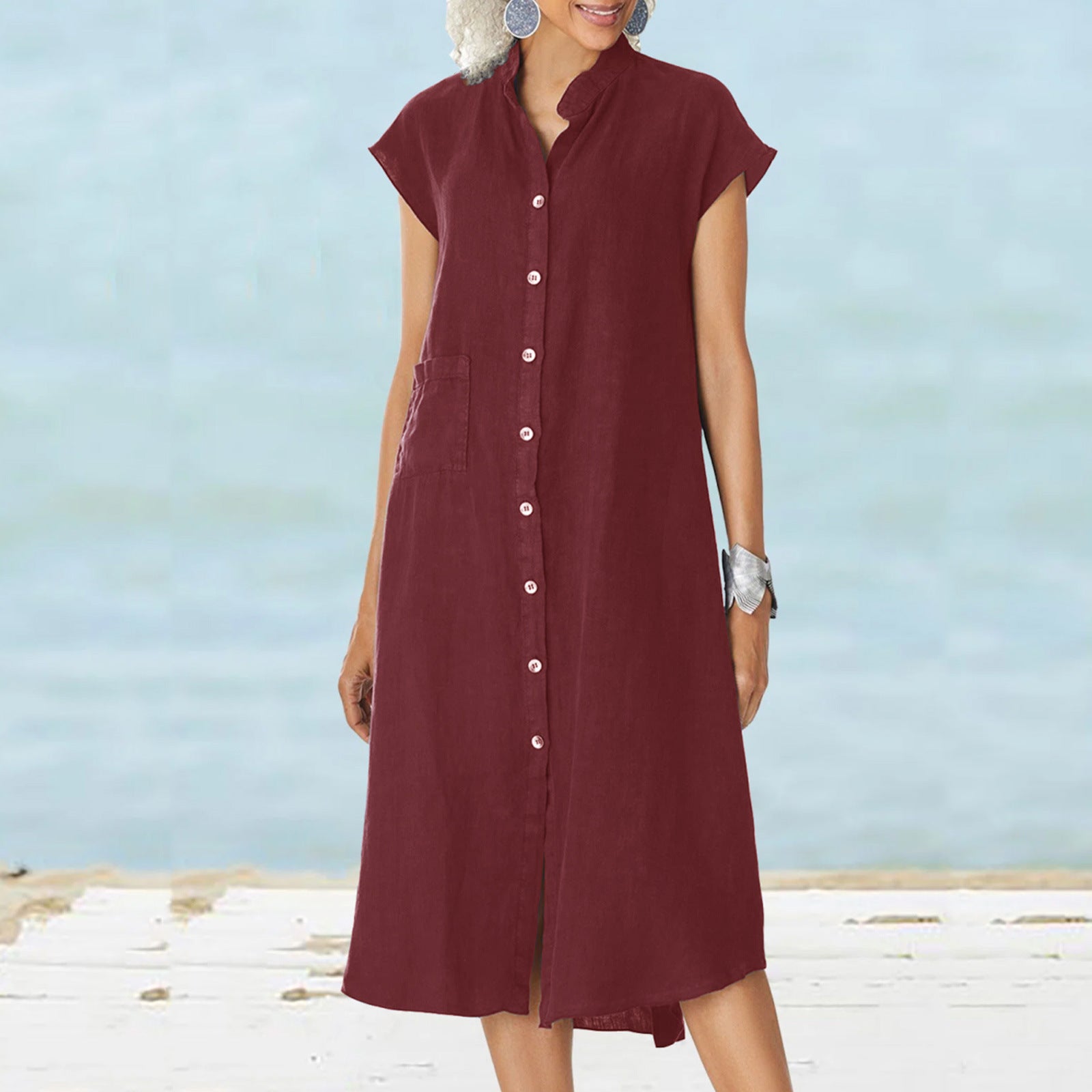 Cardigan Stand Collar Single-breasted Cotton And Linen Pocket Dress