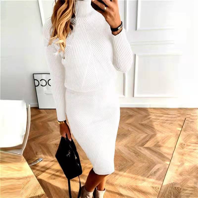 Turtleneck Knitting Solid Color Suit Skirt