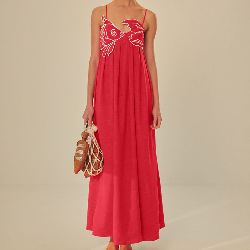 Red Fish-shaped Top Extra Long Dress Backless Slip Dress