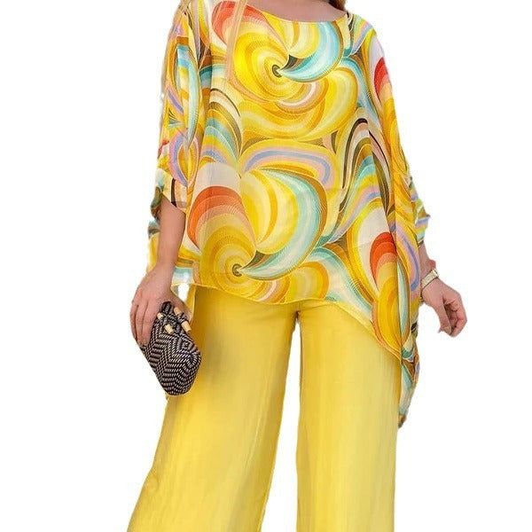 Summer New Colorful Chiffon Suit Casual Round Neck Printed Two-piece Suit