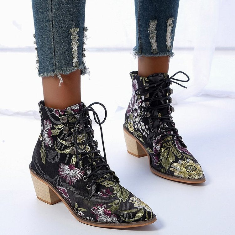 Ethnic Style Pointed Thick Heel Lace Embroidered Short Boots Women