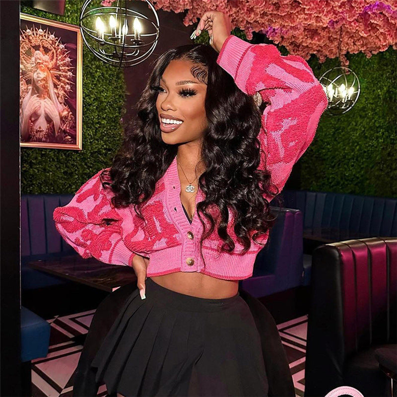 Fall Fashion Sweet Color-block V Neck Buckle High Waist Slim-fit Knitted Top Women