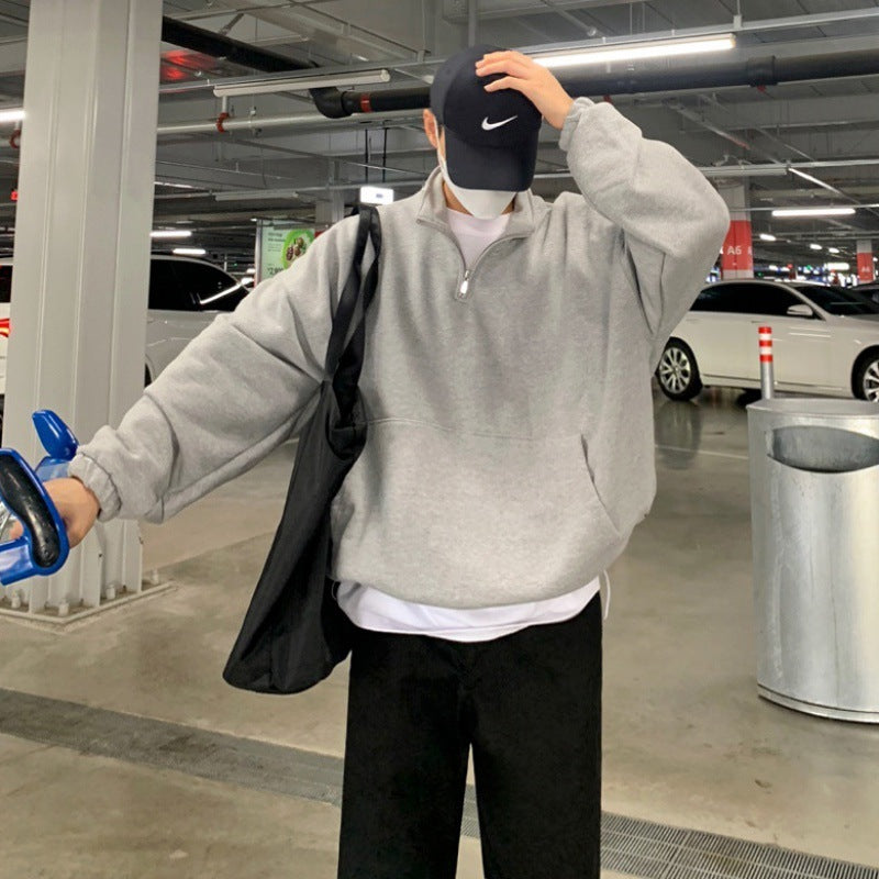 Casual Long Sleeve Loose Coat Half High Neck Zipper Sweater For Men