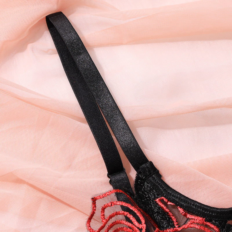 Rose Embroidery Mesh See-through Garter Three-piece Set