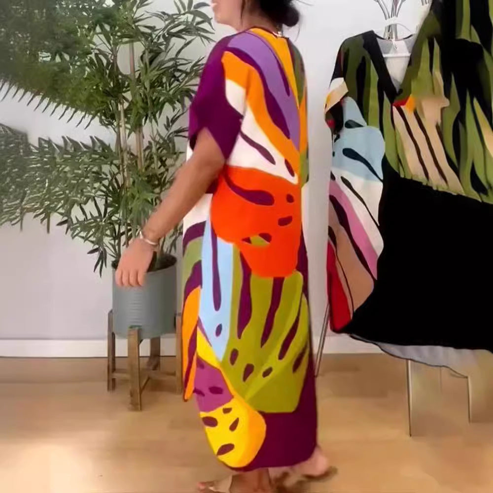 New European And American Women's Clothing Printed Loose Printed Short Sleeve Dress