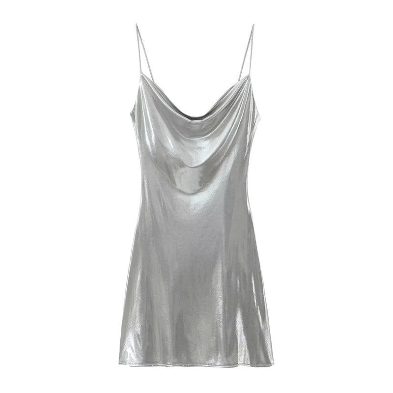European And American Fashion Low Collar Backless Metallic Sling Dress