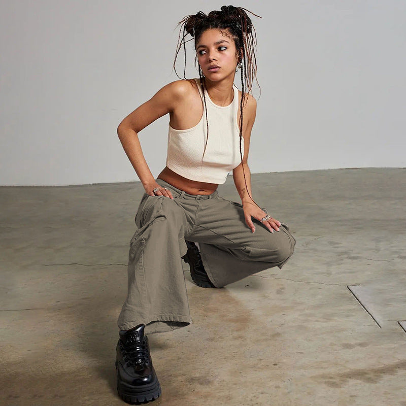 Multi-pocket Workwear Trousers Hipster Old Loose Wide Leg