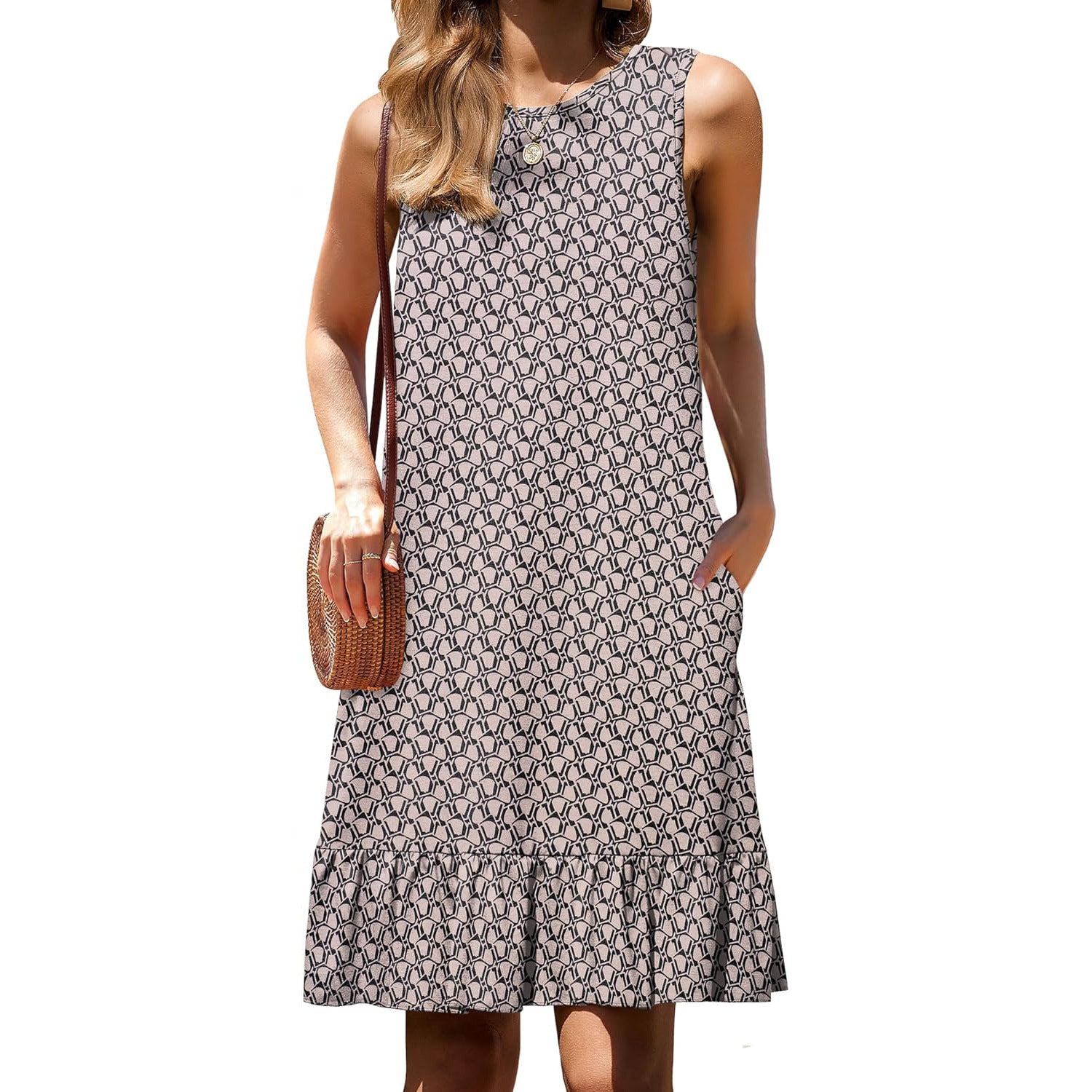Women's Round Neck Sleeveless Printed Mid-length Dress
