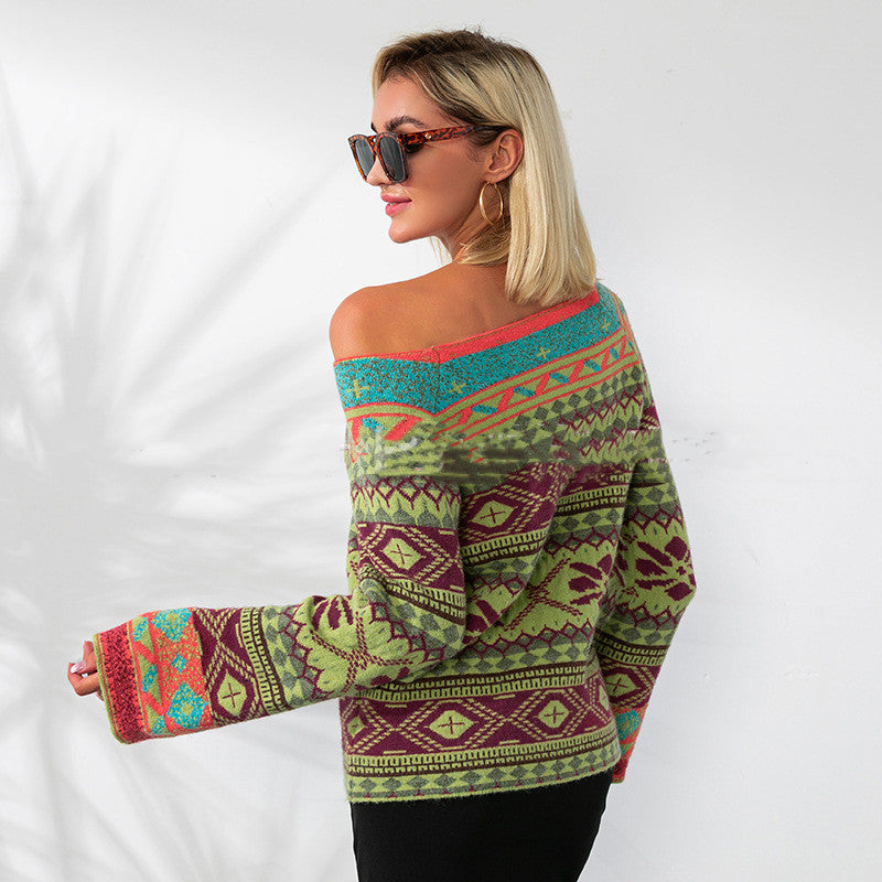 Flared Sleeve Ethnic Pattern Sweater