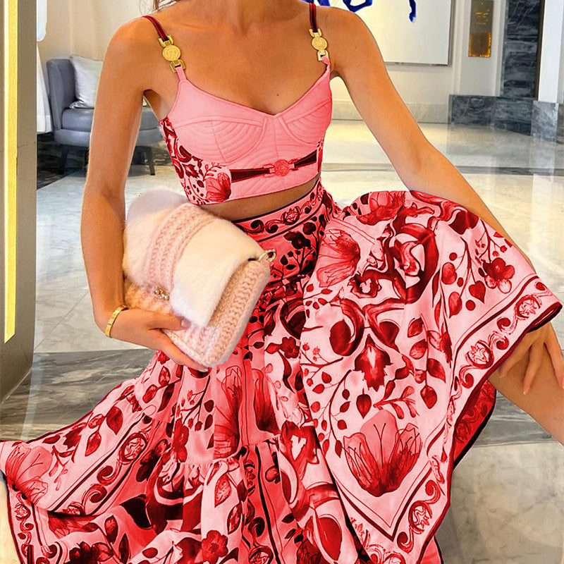 V's Mediterranean Blue Blue And White Porcelain Stitching Tube Top Two-piece Sling