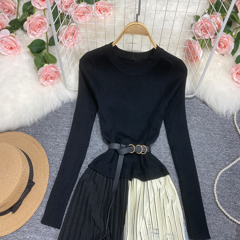 Long Sleeve Patchwork Pleated Skirt