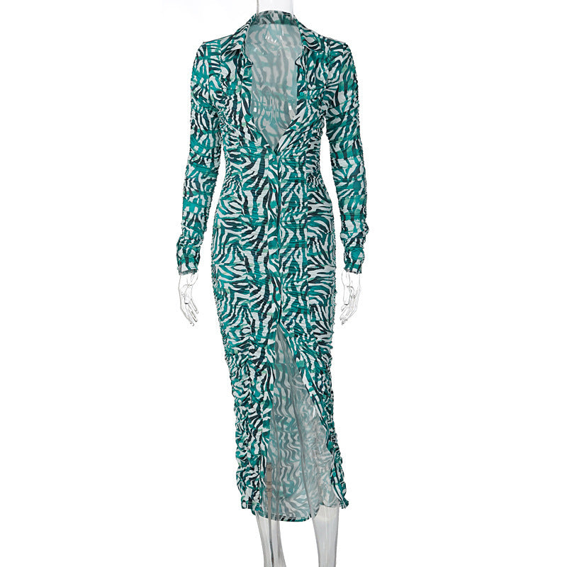 Printed Long Sleeve V-neck Button Down Cardigan Dress