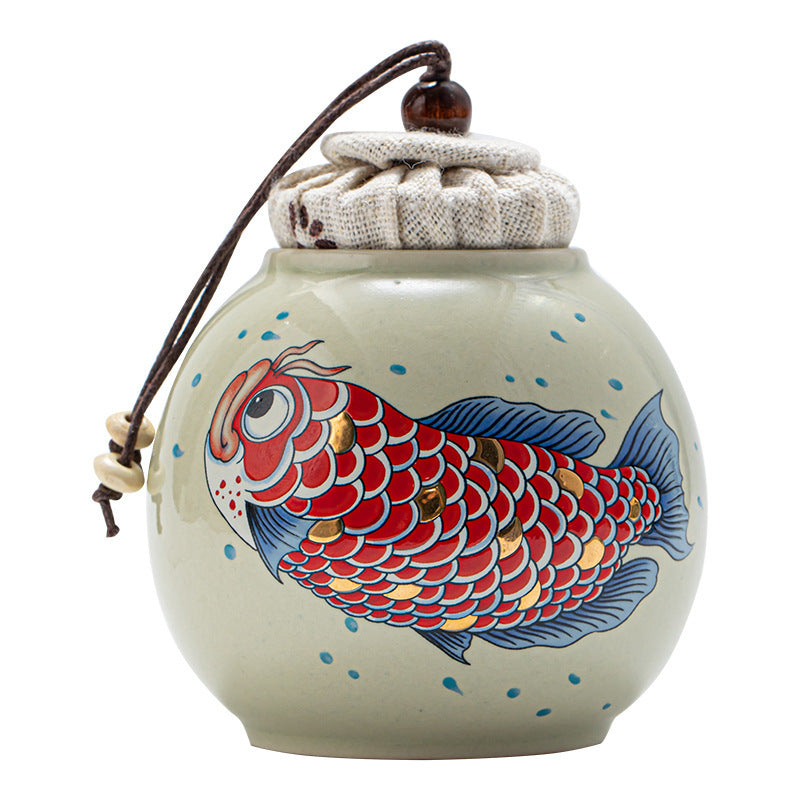 Ceramic Grass And Wood Gray Drawing JINLONGYU Small Tea Jar