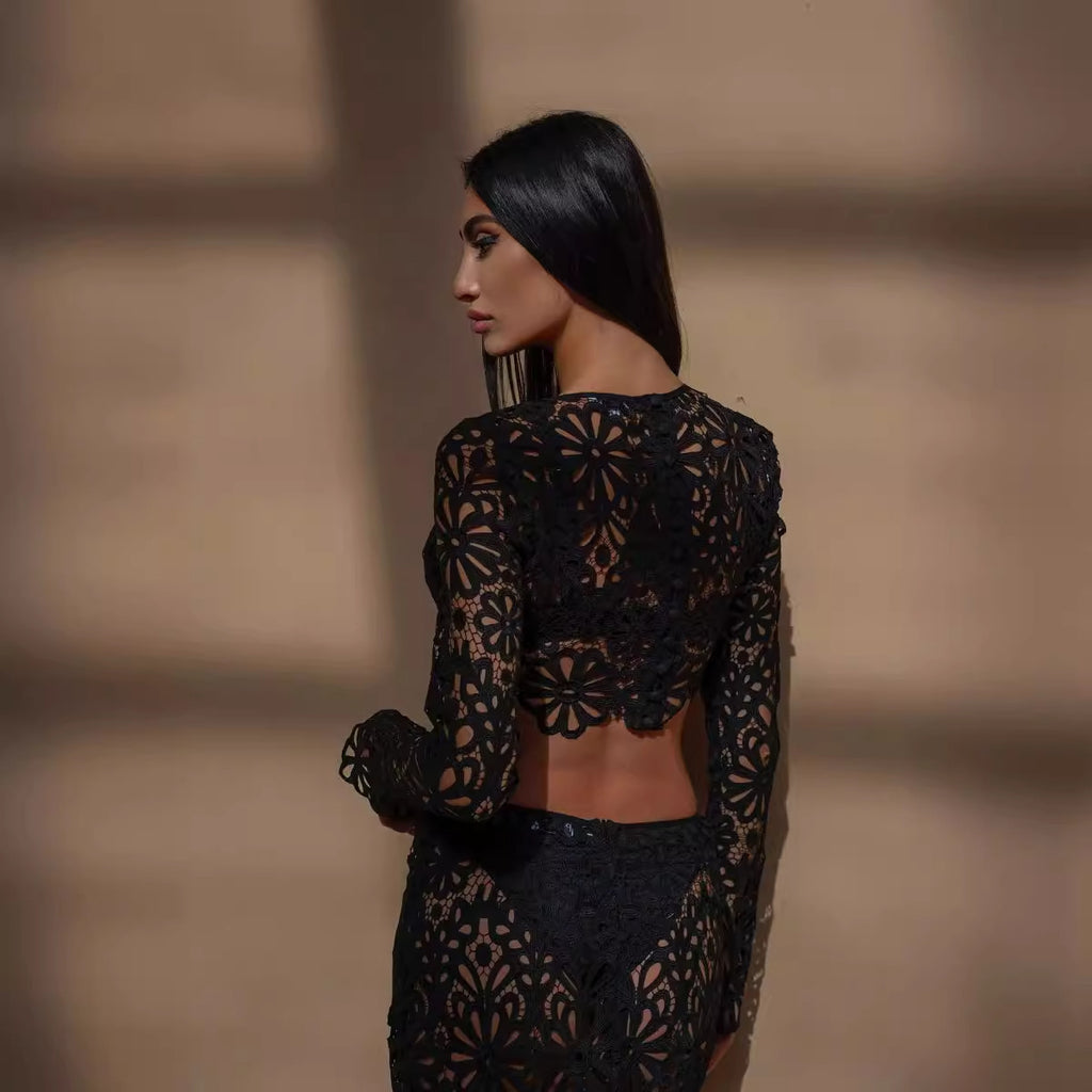 European And American Ladies Slim Fit Hollow-out Lace Tops Skirt Two-piece Suit