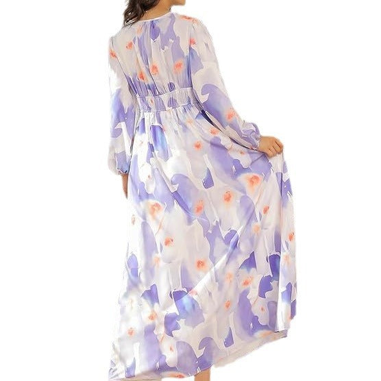 Spring NEW Long Casual Long Sleeve V-neck Printed Beach Long Flowy Dress