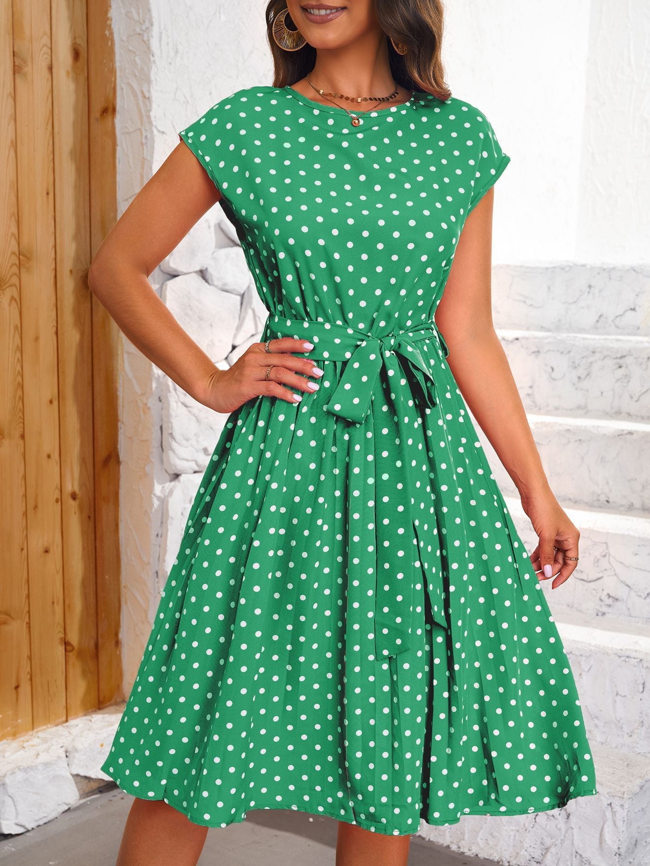 Women's Short Sleeve Lace-up Polka Dots Pleated Dress