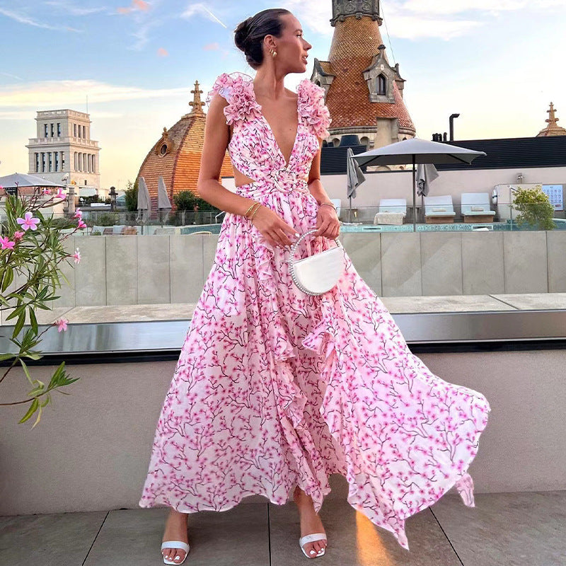 Women's Ins Vacation Slim Deep V Ruffles Dress