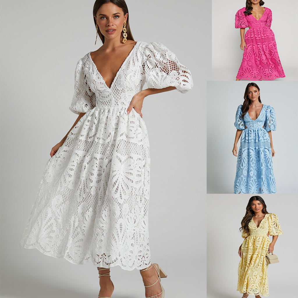 Women's Hollow Out V-neck Lace Embroidery Dress