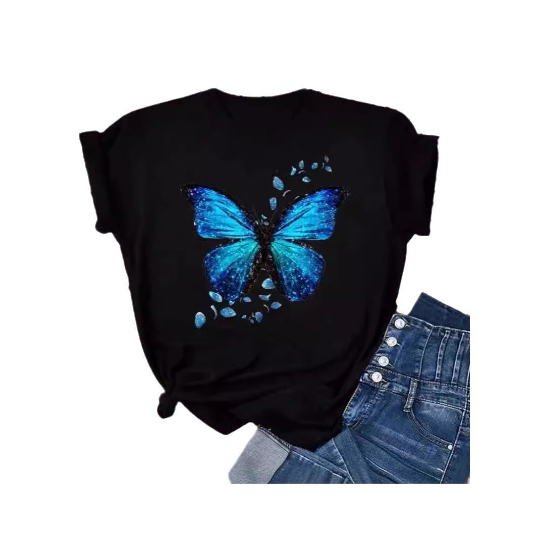 Colorized Butterfly Petal Printed T-shirt Short Sleeve Round Neck