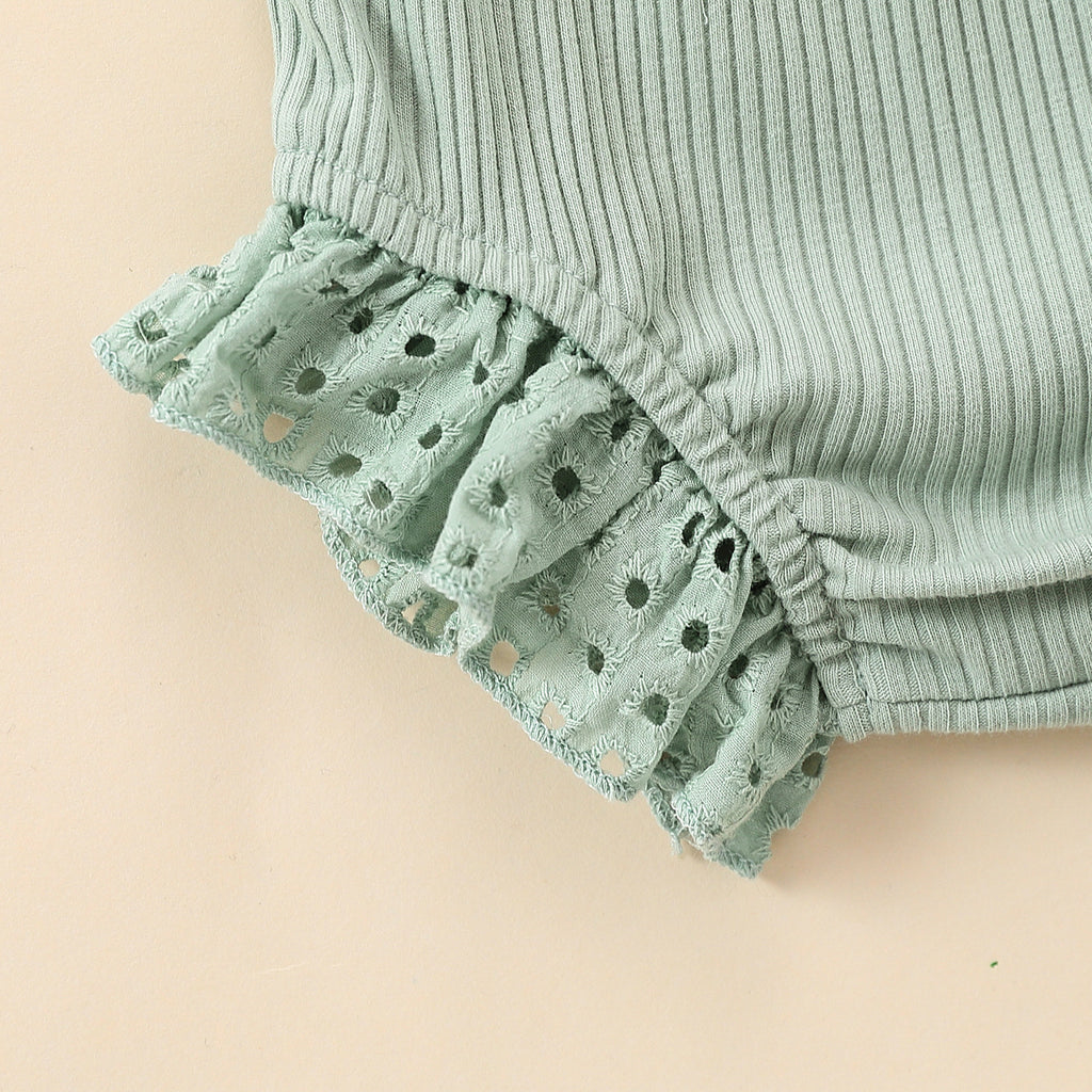 Girls' Flounced Sleeve Buttons Sunken Stripe Cotton Shorts Suit