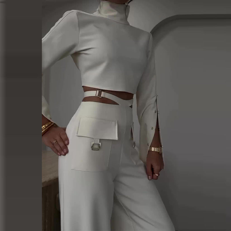 High Collar Midriff-baring Loose Wide Leg Library Suit