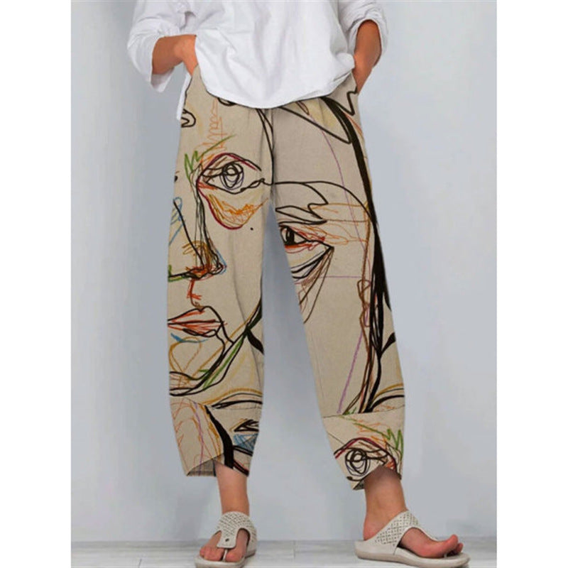 High Waist Gray Trousers Printed Stitching Loose Cropped Pants